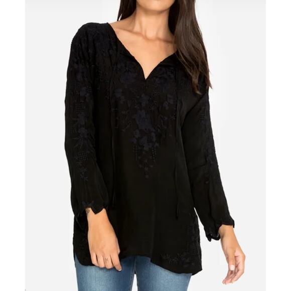 Johnny Was Black Butterfly Winter Tunic Embroidered Floral Tie Neck Women Top XS - Picture 1 of 10